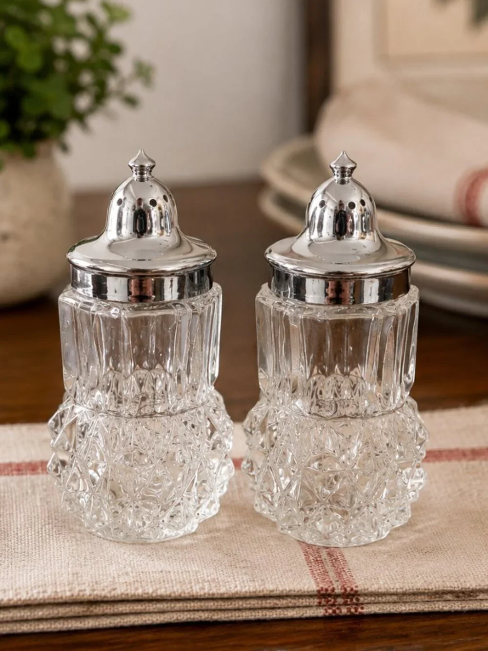 Vintage Diamond Point Glass Salt & Pepper Shakers Hong Kong Set of 2 3.75